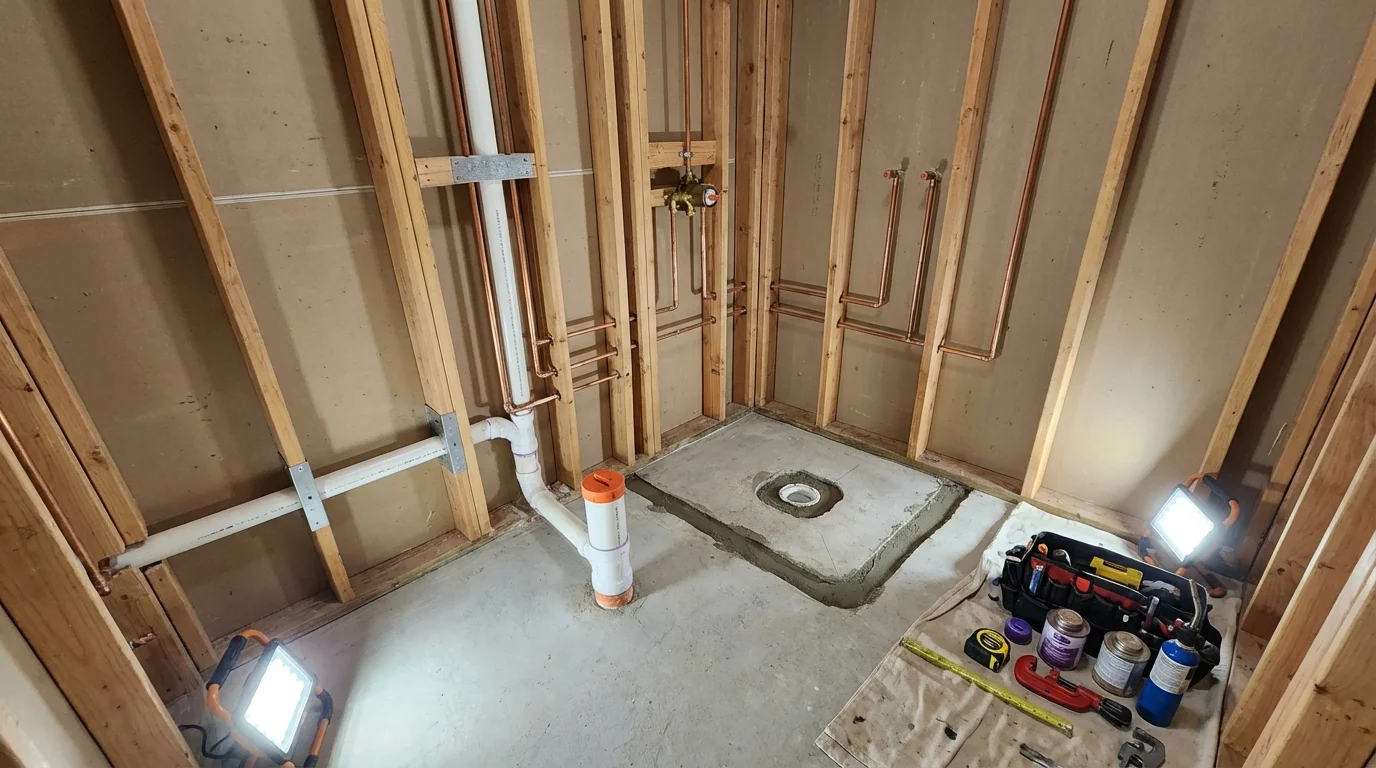 Bathroom rough-in plumbing during remodel by Johns Plumbing LLC in Tuscarawas