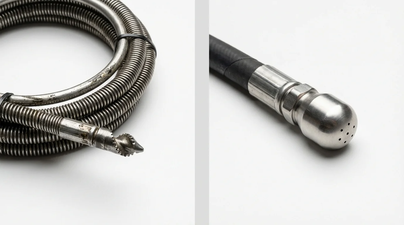 Drain snake cable and hydro jetting nozzle used for drain cleaning in Tuscarawas, OH