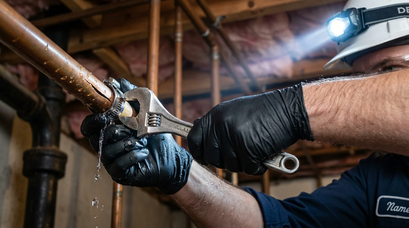 Emergency pipe clamp repair being performed by a Johns Plumbing LLC plumber in Tuscarawas