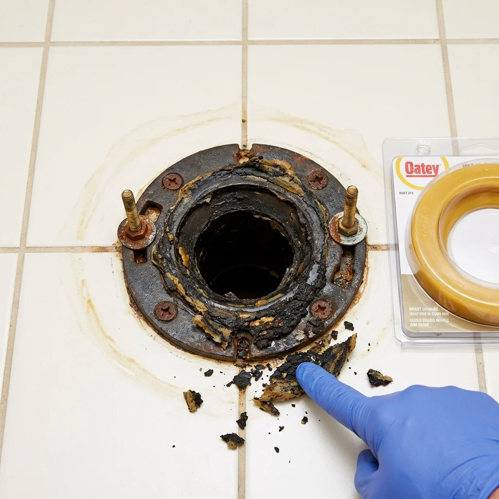 Failed wax ring showing water seepage at the base of a toilet in a Tuscarawas, OH home
