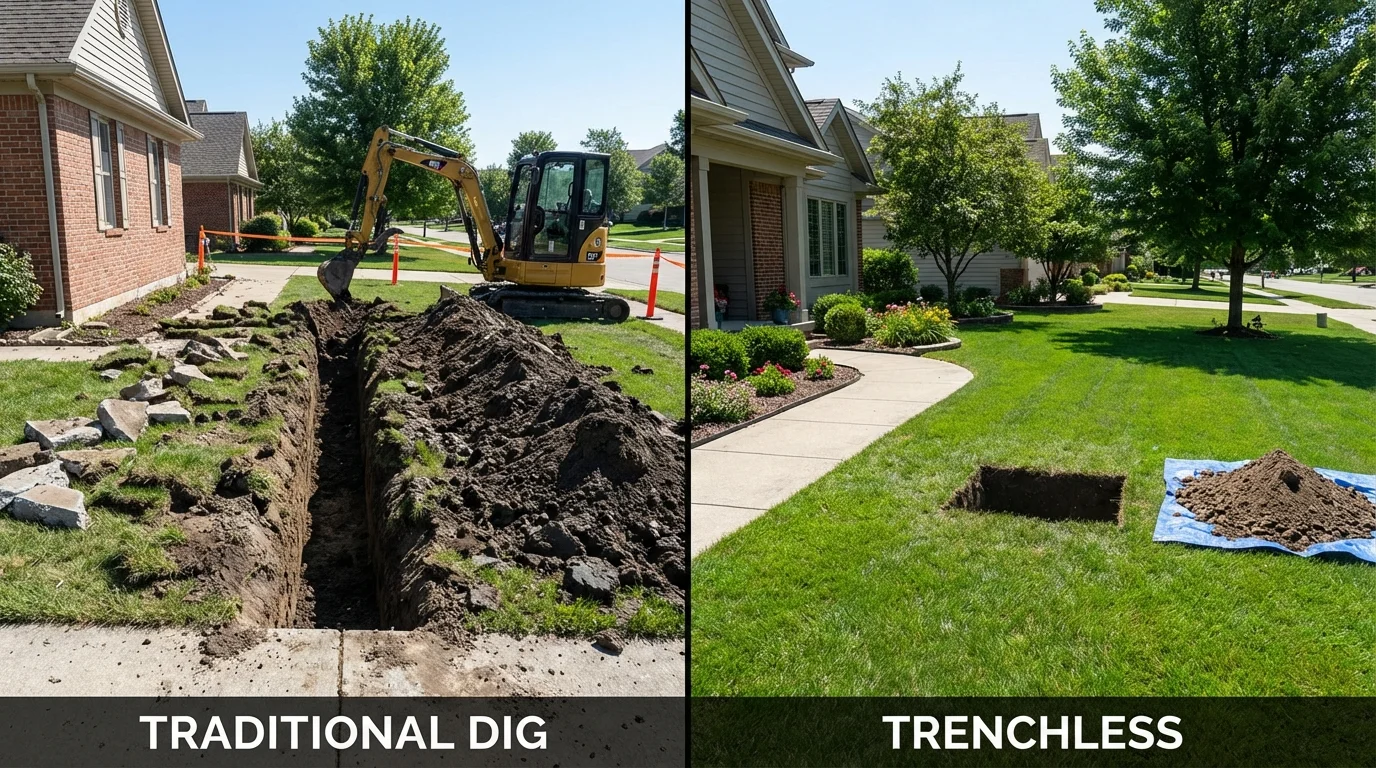 Trenchless sewer repair with minimal yard damage versus traditional excavation in Tuscarawas, OH
