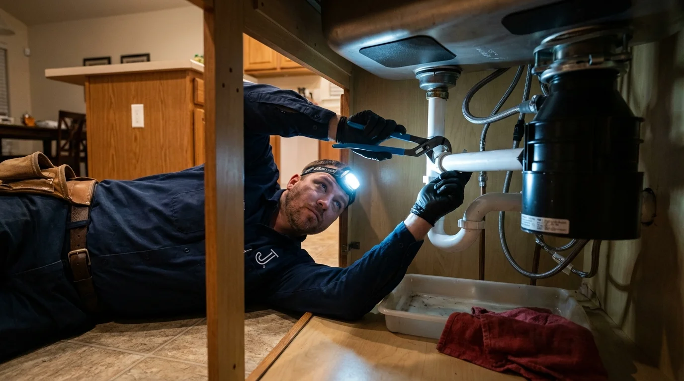 P-trap and supply line connections under a kitchen sink showing a common leak point in Tuscarawas, OH